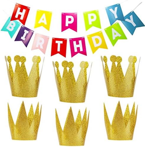Happy Birthday Banner and Gold Party Crown Hats for Party Decorations Supplies By Cefanty