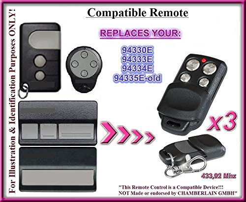 3 x Liftmaster 94330E/94333E, 94334E/94335E-OLD Compatible Mando a distancia transmisor 433,92 mhz. 3 mandos a distancia de repuesto parte superior calidad para la mejor Precio.