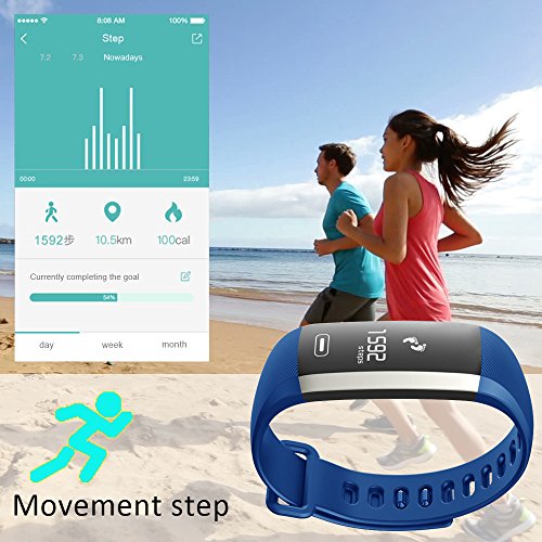 ROGUCI Smart Armband Wristband, IP67 Wasserdichte Blutdruck Oxygen + Oximeter Herzfrequenz Müde Monitor Fitness Schlaf Gesundheit Tracker, Smart Sport Tracking Armband Für iOS 8.0 Android 4.4, tägliche Laufleistung Pedometer Schritt Zähler Kalorien verbrannt Messung Call SMS Erinnerung Sesshaft,Blau - 3