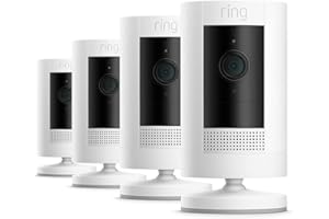 Ring Stick Up Cam Plug-In, videocamera di sicurezza in HD con sistema di comunicazione bidirezionale, colore bianco, compatibile con Alexa | 4 Camera
