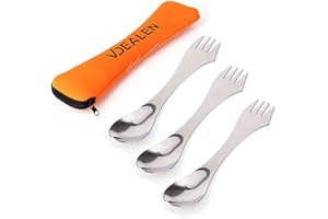 Vdealen Stainless Steel Spork's Extremely Strong Set, Fork & Knife Combo Utensil for Camping, 3-Pack, Curve with Serrated Edge On Fork