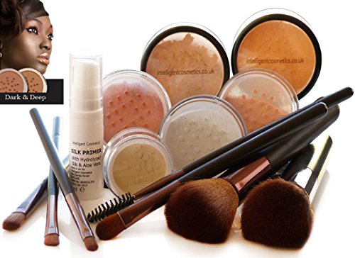 DEEP SKIN Mineral Makeup Foundation 14 Piece COMPLETE SET Pure Natural Minerals With Organic Silk Primer, Full Cover by Intelligent Cosmetics®