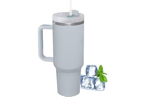 LOITTAINUE Thermobecher mit Strohhalm und Henkel, 1180ml 40oz Kaffeebecher To Go mit Deckel, Doppelwandiger Edelstahl Vakuum Isolierbecher, Tragbare Autobecher für Kalte Heiße Getränke (Grau)