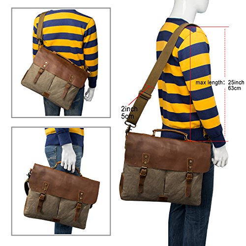 Estarer Vintage Leder Canvas Umhängetasche Laptop Tasche 15,6 Zoll Schultertasche Armee Grün - 3