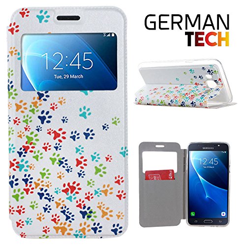 BeCool® - Handy Schutzhülle im Bookstyle mit Standfunktion, ohne Klappe für Samsung Galaxy J7 2016, mit S-View Fenster, durch das Sie alle Mitteilungen sehen können. Farbige Hundspuren