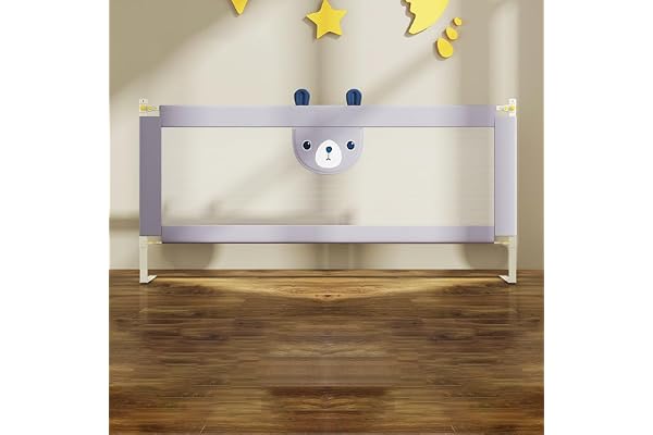 Joyeuse Planet Barrière de Lit Bébé - Barrière de Sécurité 140-200 cm, Réglable 30 Niveaux, Cadre Métallique Anti-Chute, Tissu Respirant Gris Clair avec Motif Mignon, Notice Incluse (140cm)