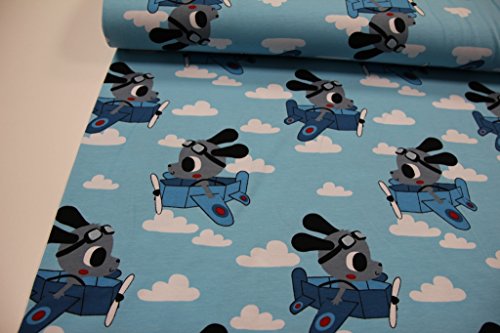 Stoff / 50cmx140cm / Kinder / beste Jersey-Qualität / Jersey Hund, Flugzeug, Wolken auf hellblau - 3
