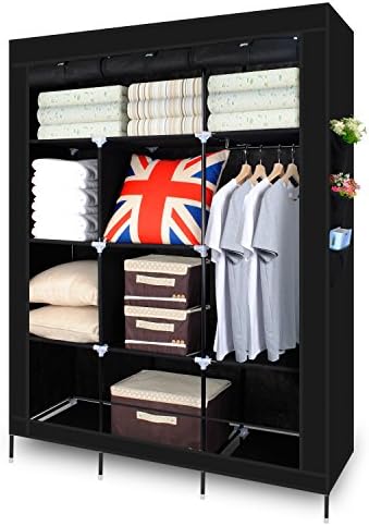 Canvas Wardrobe, HST Mall Triple Canvas Wardrobe with hanging rail for bedding clothes storage 172 x 125 x 42 cm Black