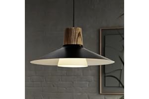 OUGLRES Lampada a Sospensione 1 Fiamma Nera,Lampadario in Legno Vintage di Grandi Dimensioni, Metallo,Paralume in Vetro,Altezza Regolabile,Lampadario Cucina Moderna E27 per Soggiorno, Camera da Letto,ø28cm