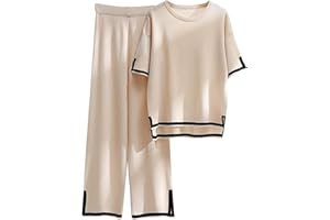 KUIH Co Ord Sets for Women 2 Piece Outfits Women Sales Sweater Sets 2 Piece Lounge Sets Silk Feel Oversized Casual Short Sleeve Knit Pullover Tops Wide Leg Pants Tracksuit Homewear Elegant Trousers Sets