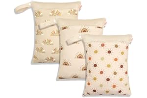 Treer 3 Stück Wetbag Kindergarten, Stoffwindeln Nasstaschen Baby Wetbag Wasserdicht Waschbar Kleinkind Windeln Organizer Beutel mit Reißverschluss (Beige Sonne,30x40cm)
