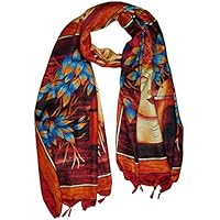 Women Red Buddha Print Silk Blend Scarves Hair Scarf Printed Wrap Stone