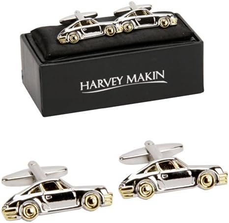Harvey Makin Silver &amp; Gold Sports Car Cufflinks in a Personalised Gift Box FREE ENGRAVING