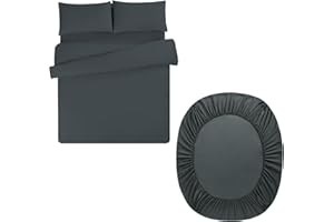 Aisbo Double Duvet Set with Sheet - Dark Grey 4 Pieces Microfiber Bedding Set for Double Bed, Includes Duvet Cover, Fitted Sheet and Pillowcases