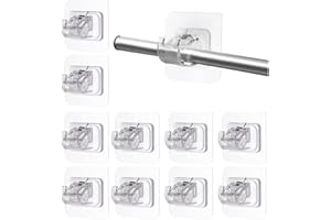PUEDNO 10pcs No Drill Curtain Poles Brackets, Self Adhesive Curtain Pole Hooks, Transparent Curtain Rod Bracket Holder, Adjustable Curtain Pole Brackets for Kitchen Bedroom Bathroom (Transparent)