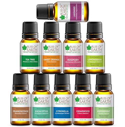 Bliss of Earth Premium Essential Oil- Pack of 10 Finest Quality oils-Ideal For Aromatherapy-(Tea Tree, Lavender, Citronella, Eucalyptus, Lemongrass, Cedarwood, Peppermint, Frankincense, Sweet Orange, Rosemary) RS.1950 (49.00% Off) - Amazon