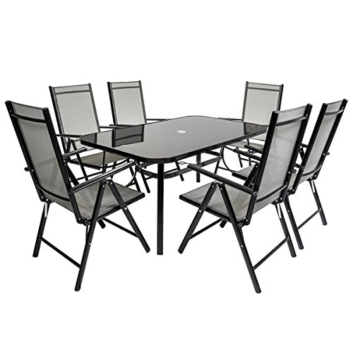 Charles Bentley 6 Seater Rectangular Textilene Dining Furniture Set 6 Chairs Table Outdoor Garden Patio - Black