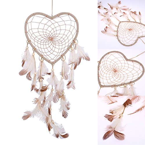Attrape-rves-Voiture-Indien-Beige-coeur-et-Plumes-Dreamcatcher-net-Capteur-de-rves-Tenture-vintage-Dcoration-Maison-Chambre