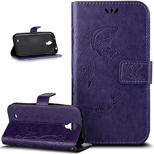 Galaxy S4 Hülle,Galaxy S4 Case,Galaxy S4 Leder Wallet Tasche Brieftasche Schutzhülle,ikasus® Prägung Schmetterling Blumen Muster PU Lederhülle Flip Hülle im Bookstyle Cover Schale Stand Ständer Etui Karten Slot Schutzhülle Grau Tasche Wallet Case für Samsung Galaxy S4 i9500 - Groß Schmetterling:Lila