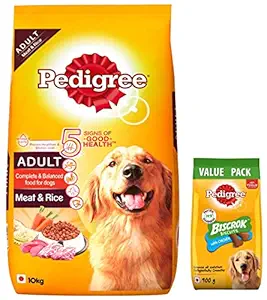 Pedigree Adult Dry Dog Food, Meat & Rice, 10kg Pack & All Life Stages Biscrok Dry Dog Biscuits (Above 4 Months), Chicken Flavor, 900g Pack