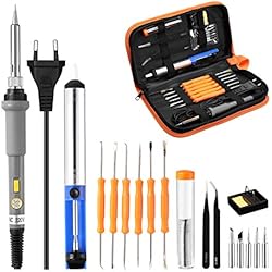 Powerextra Kit Soldador Soldador Electrónica de Estañoo con Caja de Herramienta 220V 60W Soldadores Temperatura Ajustable 200 ° C ~ 450 ° C Bomba Desoldadora Pinzas Antiestáticas Mecha de Soldadura