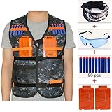 Cosoro Kids Camouflage Tactical Vest Jacket Kit (with 50pcs Blue Foam Darts + Protective Goggles Glasses + Seamless Skull Face Mask + 2 Pcs 5-dart Quick Reload Clip) for Nerf Toy Gun N-strike Elite Series
