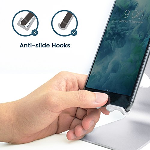 RampowÂ® Supporto Telefono Scrivania alluminio - GARANZIA A VITA - Supporto Scrivania Cellulare - Dock Stand per iPhone, Samsung, Huawei, Nexus, Xiaomi, OnePlus, Meizu, Nokia, Kindle, altri Smartphones e Tablets - Supporto Smartphone / Supporto Tablet - Argento