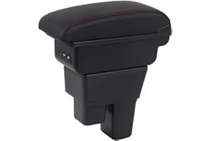 ‎YJYWZH Auto Armlehnen für Fit Jazz 2009-2013 Doppelschicht Mittelkonsole Große Aufbewahrungsbox mit 3 USB-Ladeanschluss Schwarz mit roten Nähten