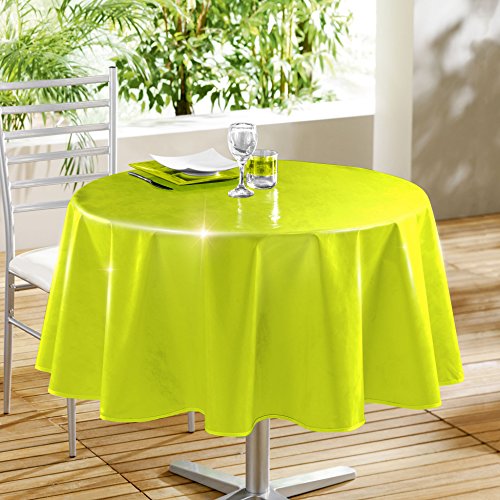 Wetterfeste gesäumte stylische OUTDOOR – Wachstuch - Tischdecke " BEAUTIFUL SHINE " mit einem zauberhaftem Glanz - mehrere Farben und Größen stehen zur Auswahl - die perfekte Tischdecke für drinnen und draußen - geeignet für Haus, Terrasse, Balkon und Garten – ABWASCHBAR - WIND- und WETTERFEST - WITTERUNGSBESTÄNDIG und WASSER- und SCHMUTZABWEISEND – Neu aus dem KAMACA-SHOP (160 cm rund, ANIS)