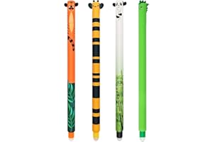 QRKPVHD Lot de 4 stylos gel effaçables, Thèmes Abeille, Eléphant, Dinosaure, Panda, boule sur les extrémités pour enlever l'encre, Noir, Bleu, Vert, Noir, thermosensible, diamètre de la pointe 0,7 mm