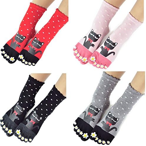 Womens Lucky Cat Toe Socks Funky Finger Socks Cotton Socks 4 Pairs/Pack
