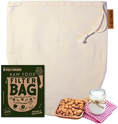 Nut Milk Bag NECTARBAR (Eco) - RAW FOOD FILTER BAG - MADE IN GERMANY - Premium Natural Cotton Filterbag for making almond milk and other plant based drinks, organic nut and seed milks, yoghurt, curd and cheese cloth, for cold-brew-coffee, tofu making, juicing, green juice, reusable, multipurpose straining bag - 100% plastic-free by ORIGINAL NECTARBAR (Eco) with booklet and recipes