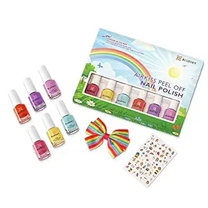 Bluesky Kids Nail Varnish Set For Girls, Peel Off Non Toxic Water Based Nail Polish 6 x 5 ml Colours, Yellow, Orange, Purple, Pink, Blue, Hair Bow & Nail Stickers, Nail Art Gift for Children Age 3+