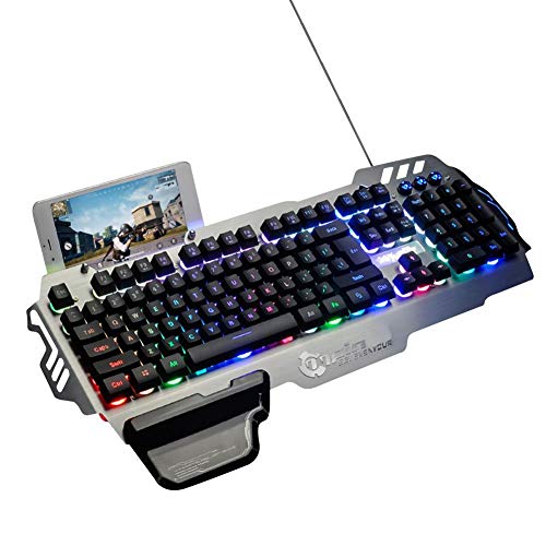 Preisvergleich Produktbild Spiel Tastatur LED Hintergrundbeleuchtung Bunte Lichter Metall Tastatur mit Mechanische Gefühl Wasserdichte Funktion Palm Rest und Telefonhalter Business Office Tastatur Wasserdicht Layout QWER