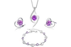 findout love heart jewellery set silver necklace silver earrings silver bracelets Amethyst red pink blue white Crystal Heart Silver pendant Necklace + stud earrings sets gift for women girls with jewellery box silver chain