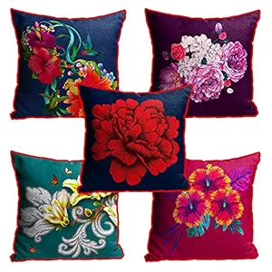 DreamVio Jute Fabric Printed Decorative Throw/Pillow Covers, Cushion Covers for Living Room, Bed Room, Sofa,Chairs Pack/Set of 5 Multi Flowers (Multicolour, Size 16 x 16 Inches) Style 17