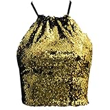 Yvelands Damen Tank Top Kurze Pailletten Weste Mode Camisole Ärmelloses T-Shirt(CN-S,Gold)