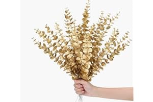 Topspitgo Eukalyptus Deko künstlich Zweig Deko Gold,10 Stöcke Artificial Flowers Eukalyptusblätter Benutzt für Weihnachts Dekorative Heimdekoration Hochzeit Blumenarrangement Grünpflanzen