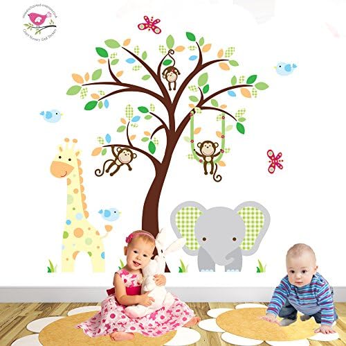 Jungle Wall Stickers featuring Giraffe, Elephant and Monkeys around a Brown Tree Mural. Gender Neutral Safari Nursery Wall Decals