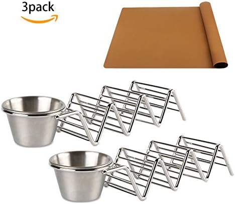 Taco Holder, 2 Stainless Steel Taco Serving Rack with Cup and a Silicone Mat, Set of 3, Taco Stand Hold 3 Hard or Soft Taco Shells