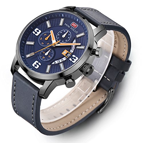 Modiwen Herren-Armbanduhr, Lederarmband, Quarz-Uhrwerk, wasserdicht, Business-Chronograph, analoge Funktion bl