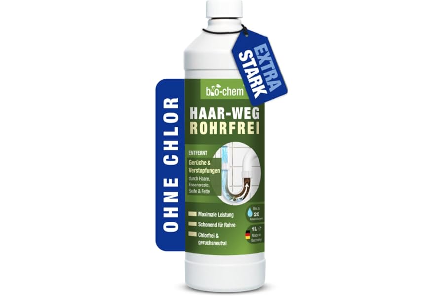 bio-chem Haar-Weg Abflussreiniger extra stark 1L | Rohrreiniger und Abflussöffner | bis zu 20 Anwendungen je Flasche | gegen Verstopfungen & Haare