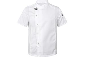 Runhomal Unisexe Veste de Chef Cuisinier Manches Courtes Homme Femme avec Poche Blouse Cuisine Professionnel Hôtel Restaurant Bar Travail - Taille Petit Attention