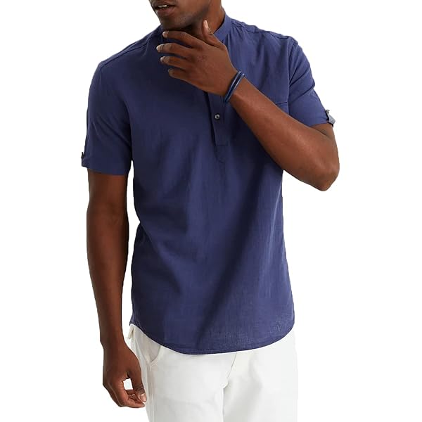 Chemise Homme En Lin Et Coton - Manches Courtes, Col Mao - Style Henley Décontracté - Pour Été, Vacances, Casual
