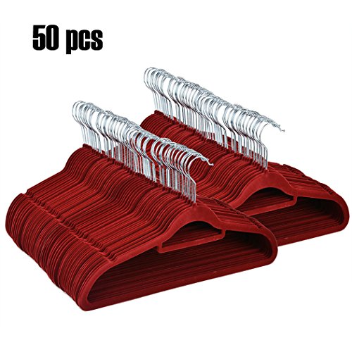 Homdox 50-er Set Beflockte Kleiderbügel Anzugbügel Garderobenbügel Mantel Hosen Bügel Aufhänger mit rutschfester Oberfläche superdünn 0,5 cm dick Weinrot