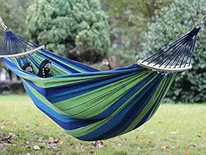 Gokich (280 * 100CM/HOLD 150KG, Wooden Blue) Cotton Outdoor Hammock Multiples Load Capacity Up to 450 Lbs Portable with Carrying Bag for Patio Yard Garden - 1 PCS ONLY