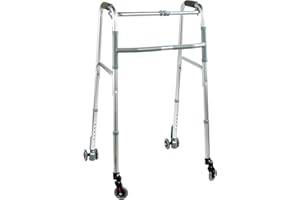 GOVITA Deambulatore pieghevole, regolabile in altezza con 2 ruote piroettanti e 2 gemellate con sistema di frenata a pressione (2 Ruote Piroettanti + 2 Ruote Autobloccanti)