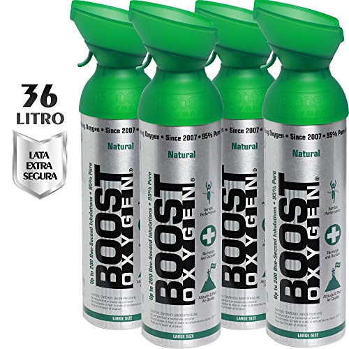 Suplemento de oxígeno 36L- 4x Latas de 9 litros, puro de 95%, NATURAL - Hasta 600 aplicaciones - con oxígeno limpio y portable, aumenta resistencia, recuperación, agudeza mental y actuación.