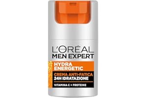 L'OREAL PARIS L'Oréal Paris Men Expert Crema Idratante Anti-Fatica Uomo, Pelle Rivitalizzata, Levigata e Idratata, Occhiaie e Rughe Sottili Ridotte, Arricchita con Proteine e Vitamina C, Hydra Energetic, 50 ml