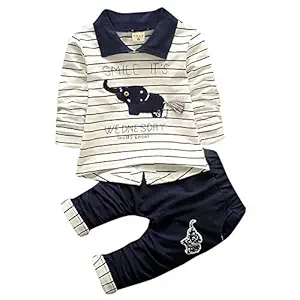 Hopscotch Boys Cotton,Polyester Full Sleeves Stripes Printed T-Shirt with Pant Set in Navy Color for Ages 2-3 Years (Yah-3064157)